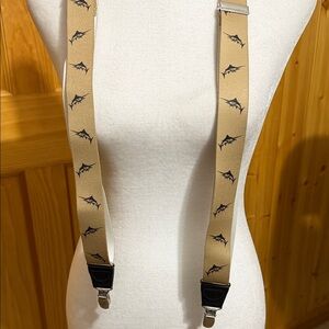 Tan Novelty Suspender Straps with Navy Marlin Sword Fish Print.  NWT